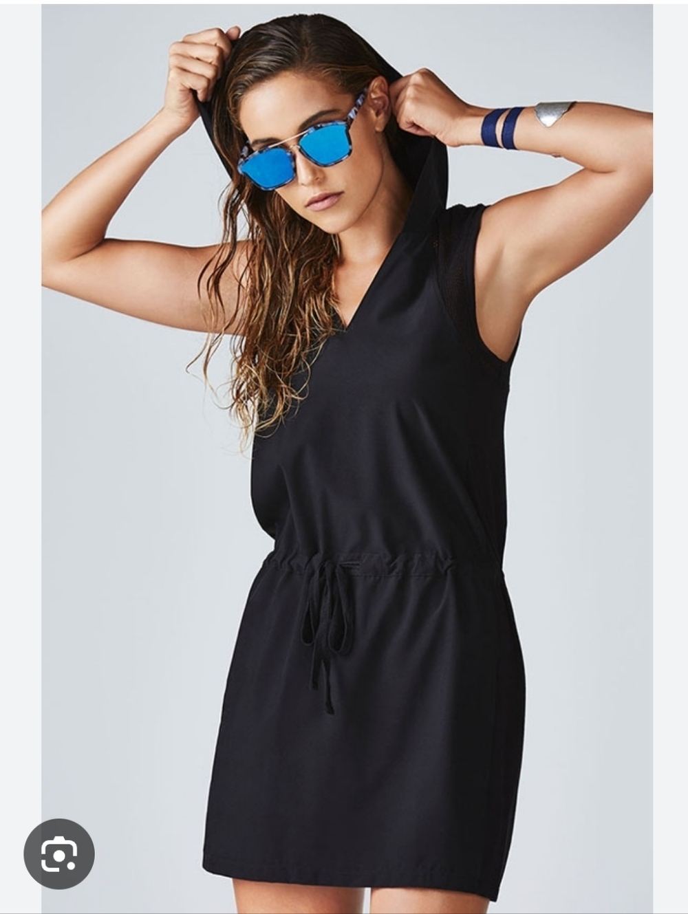 Fabletics Alana Mini Dress Black Hooded Drawstring Waist Small